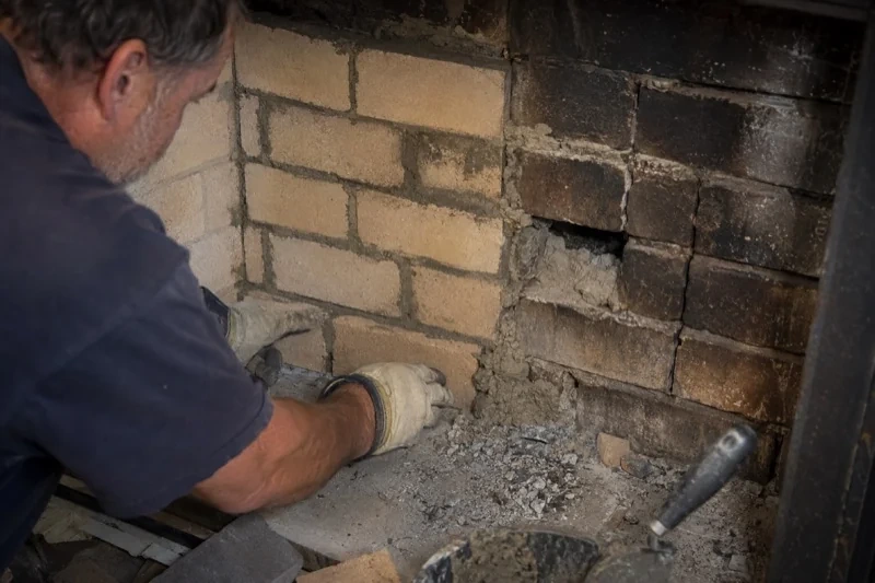 Person beside a brick fireplace wall with an open cavity and rubble on the hearth