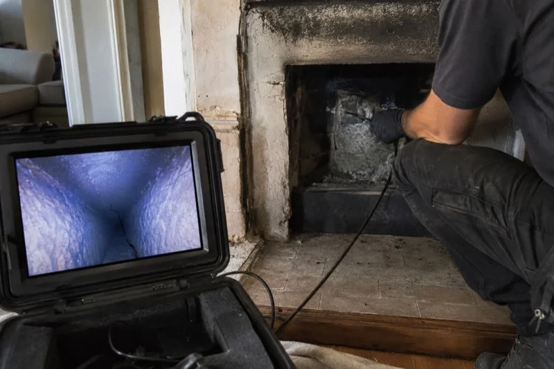Person holding an inspection cable inside a fireplace beside a portable monitor displaying an interior passage.